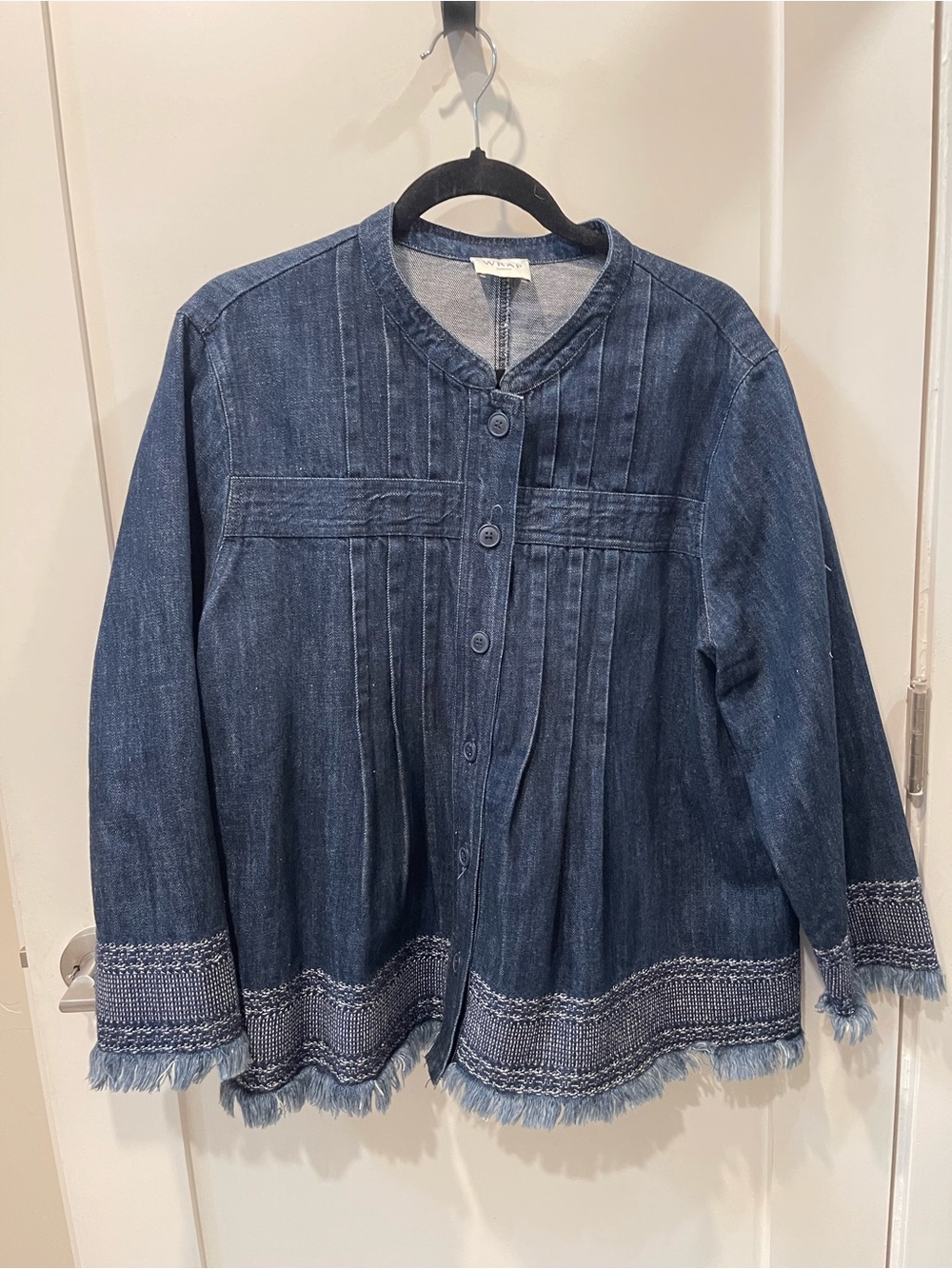 Wrap London Dark Blue Denim Jacket with Woven Fringe Hem sz XL